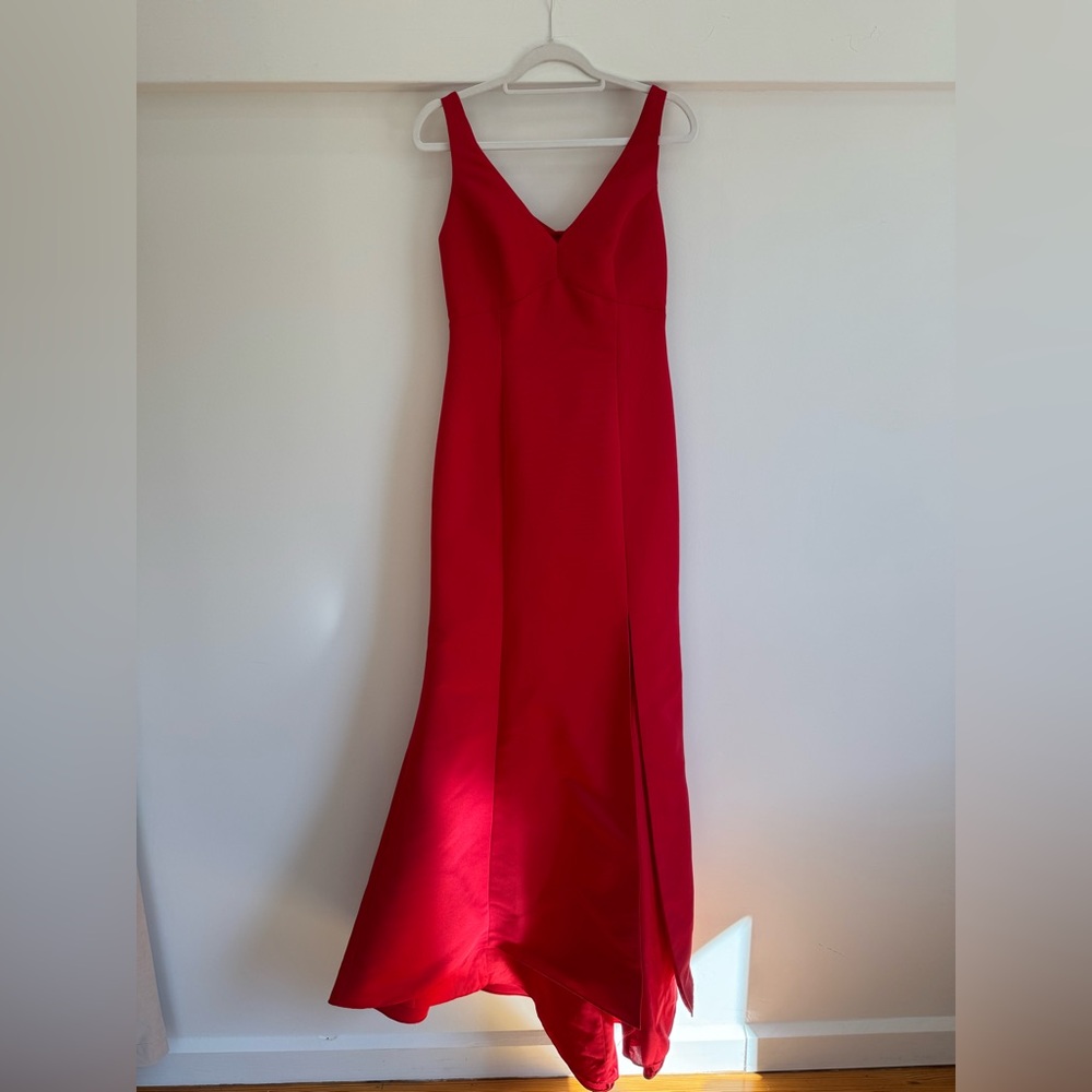 Amsale Red V-Neck Satin Maxi Dress